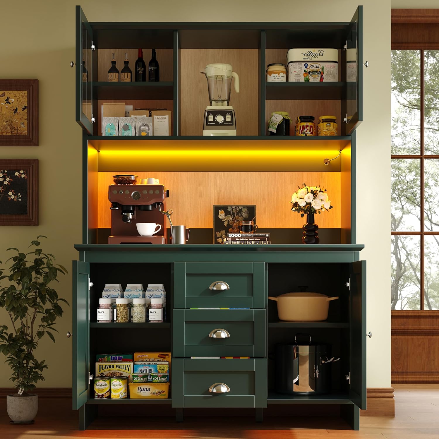 Buffetschrank, Hochschrank, Küchenschrank, Sideboards, mit Braunen Glastüren und LED-Beleuchtung, 4 Türen & 3 Schubladen, für Küchen Esszimmer, 120x40x179cm (Grün)