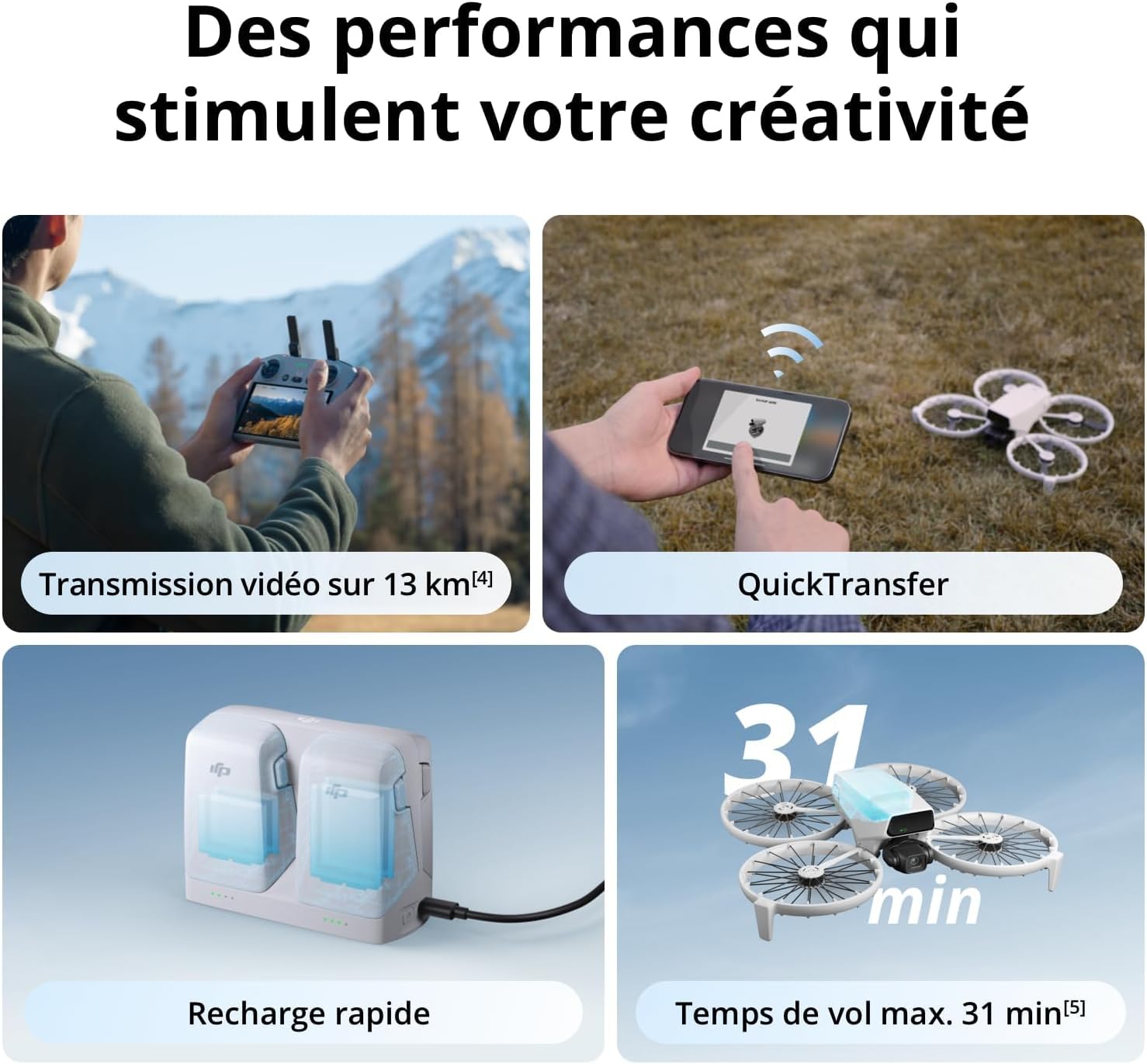DJI Flip (radiocommande RC 2 avec écran), Drone Caméra 4K UHD Follow Me pour Adultes, < 249 g, Nacelle à 3 Axes, Transmission vidéo sur 13 km, Décollage palmaire, Temps de vol de 31 Min
