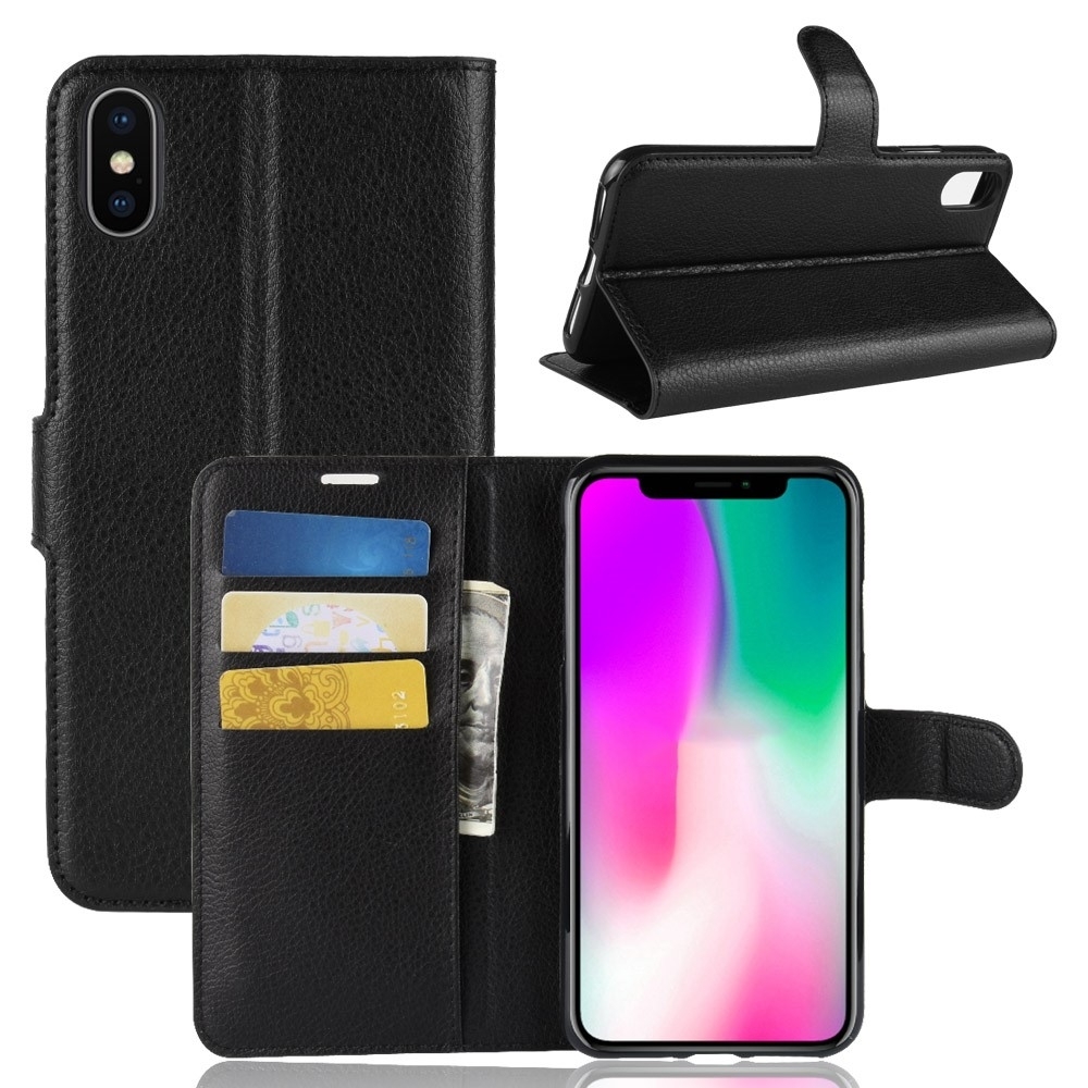 iPhone Xr Leder Tasche Flip Cover Litchi Look - Schwarz