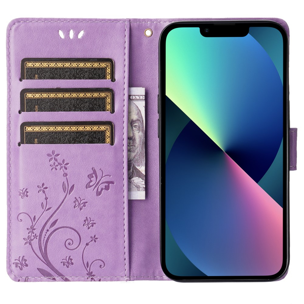 iPhone 13 Leder Tasche mit Kartenfach   Handschlaufe Butterfly Flowers - Lila