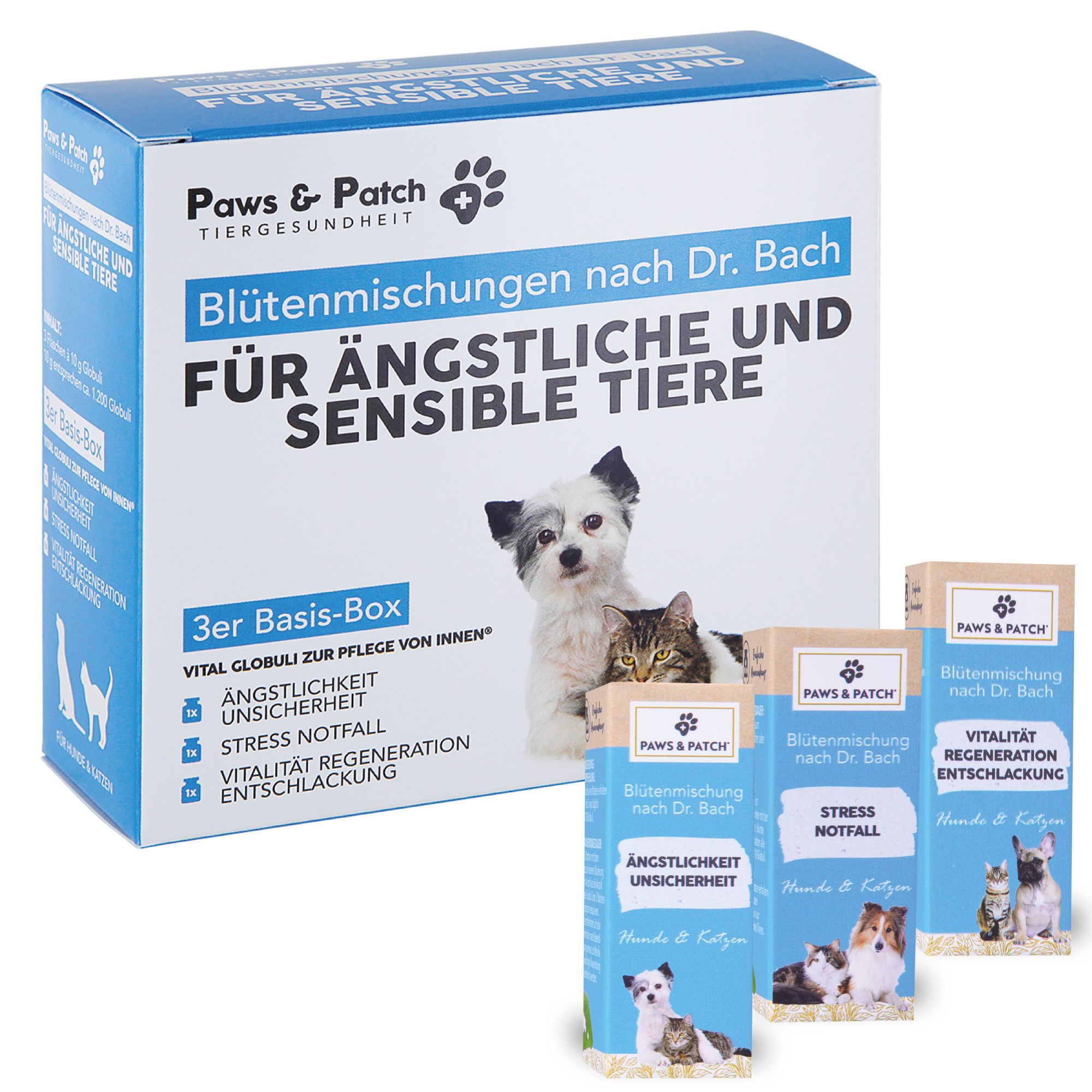 PAWS&PATCH Blütenmischung nach Dr. Bach 3er Basis-Box für ÄNGSTLICHE & SENSIBLE TIERE