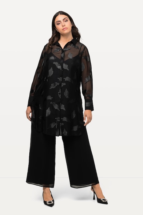 Longbluse, Chiffon, Metallic-Federn, Hemdkragen, Langarm