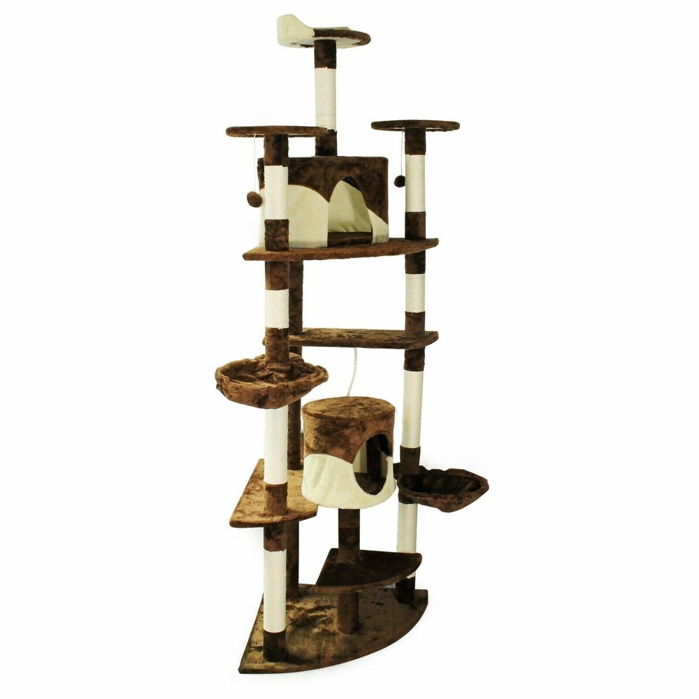 Arbre à chat d‘angle plateforme d‘observation jeux griffoir sisal beige et blanc