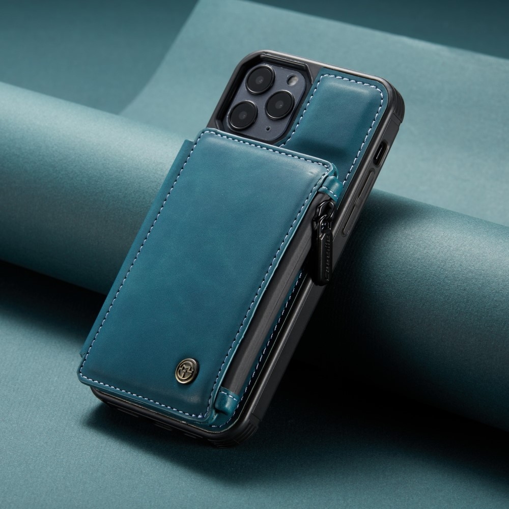 iPhone 12 / iPhone 12 Pro Leder Schutzhülle mit Münzbeutel   3 Kartenfächern - Blau / Grün