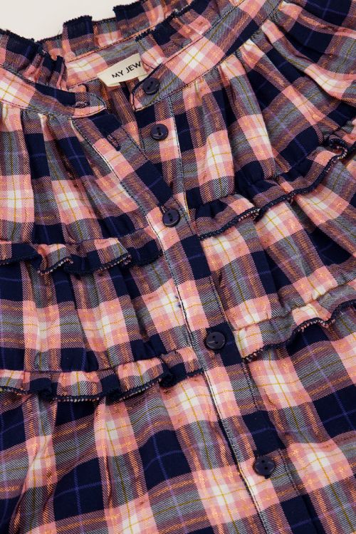 Donkerblauwe blouse met roze ruitjes en lurex