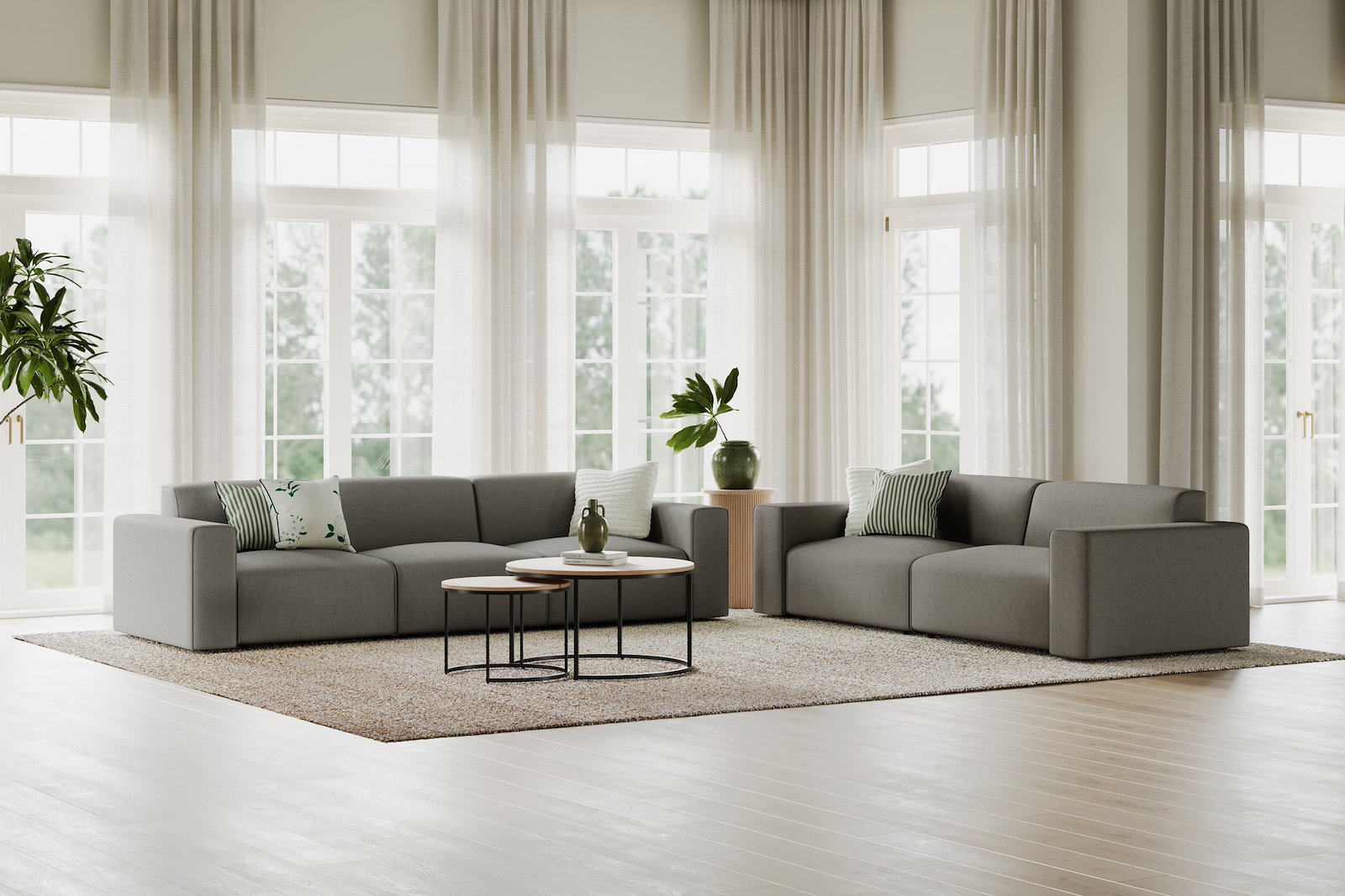 Styl 3-seter duo puter Tekstil Lombardo 3/3 Warm Grey med sorte ben.