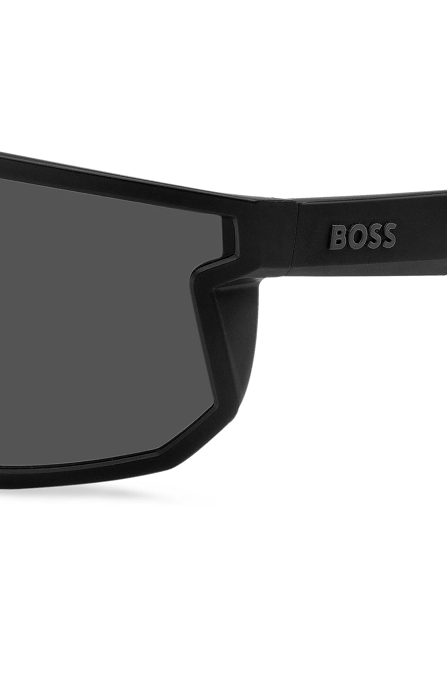 Óculos de sol BOSS estilo máscara, na cor preta, com hastes personalizadas com a marca.