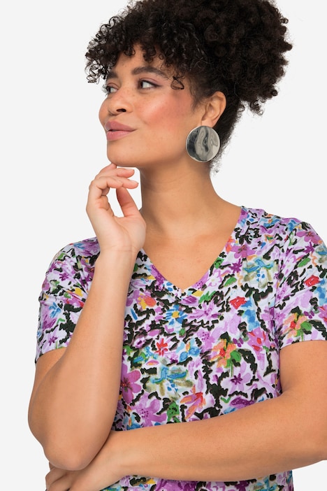 T-Shirt, Blumenmuster, V-Ausschnitt, Halbarm