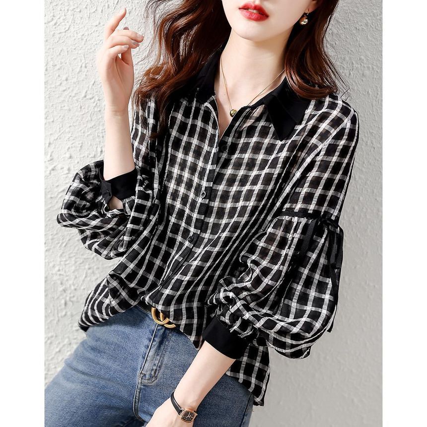 Jeonseon - Blouse met lange mouwen, kraag en strik