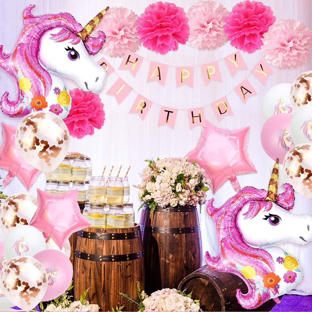 (45-tlg. Set) Happy Birthday Girlande Kinder Geburtstags Party Deko Einhorn   Latex- und Folienballons / Papier Lampions - Rosa / Pink