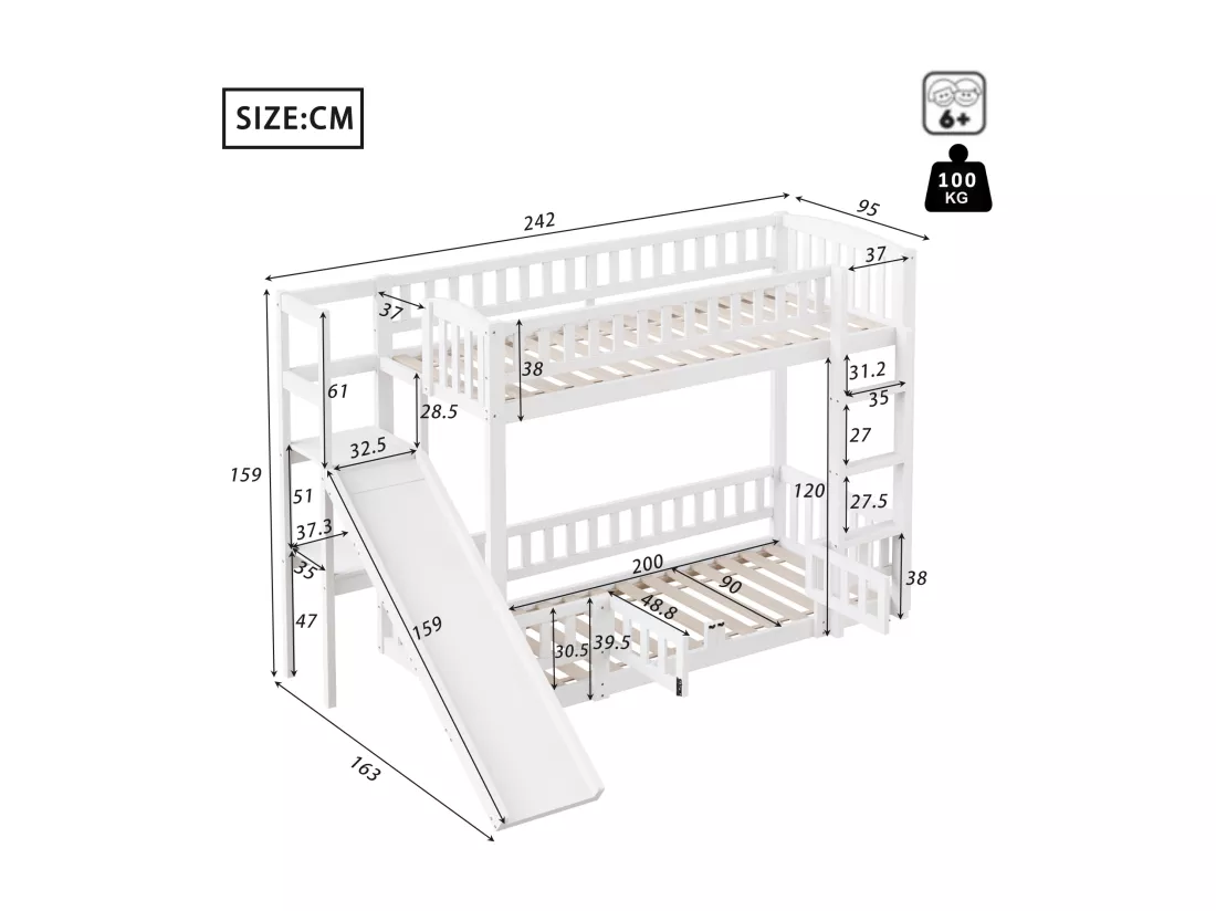 Lits superposés 2 x 90 x 200 cm avec toboggan, étagères et barrières de protection - Pin+MDF - pour enfant - Blanc (sans matelas)