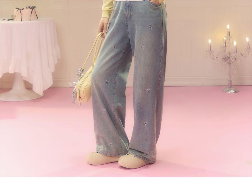 Zeedaren - Plus Size High Rise Bow Borduurde Washed Wide Leg Jeans