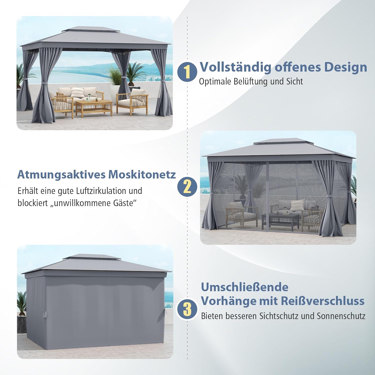 COSTWAY Pavillon 3 x 4 m, Gartenpavillon mit Moskitonetz & Vorhang & Doppeldach, Pavillonzelt Wasserdicht, Winterfest Sonnenschutz Gartenzelt, Terassenpavillon für Terrasse, Garten, Rasen