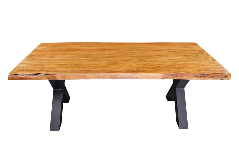 Massivholz Esstisch MAMMUT 200cm Akazie X-Gestell schwarz Metall Baumkante 5cm Tischplatte