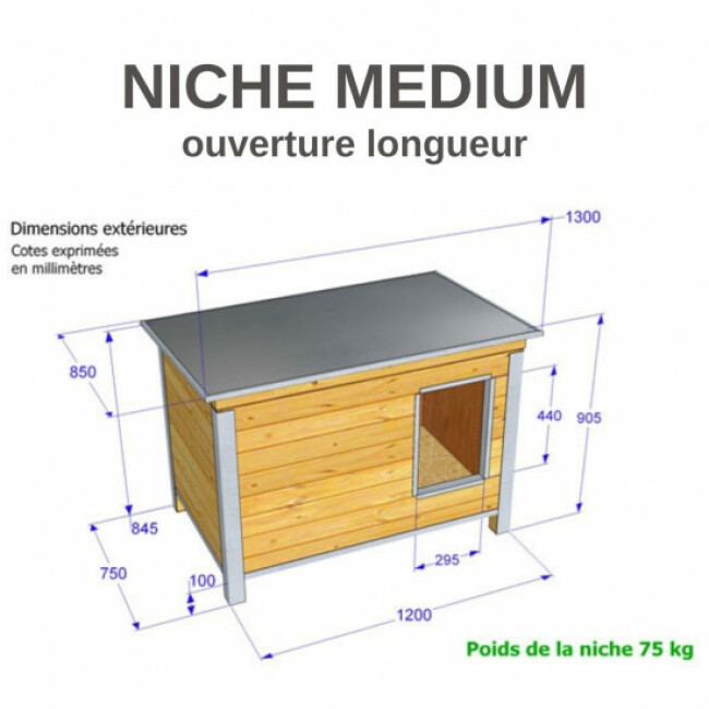 Niche isolée en bois pour chien avec toit simple pan incliné