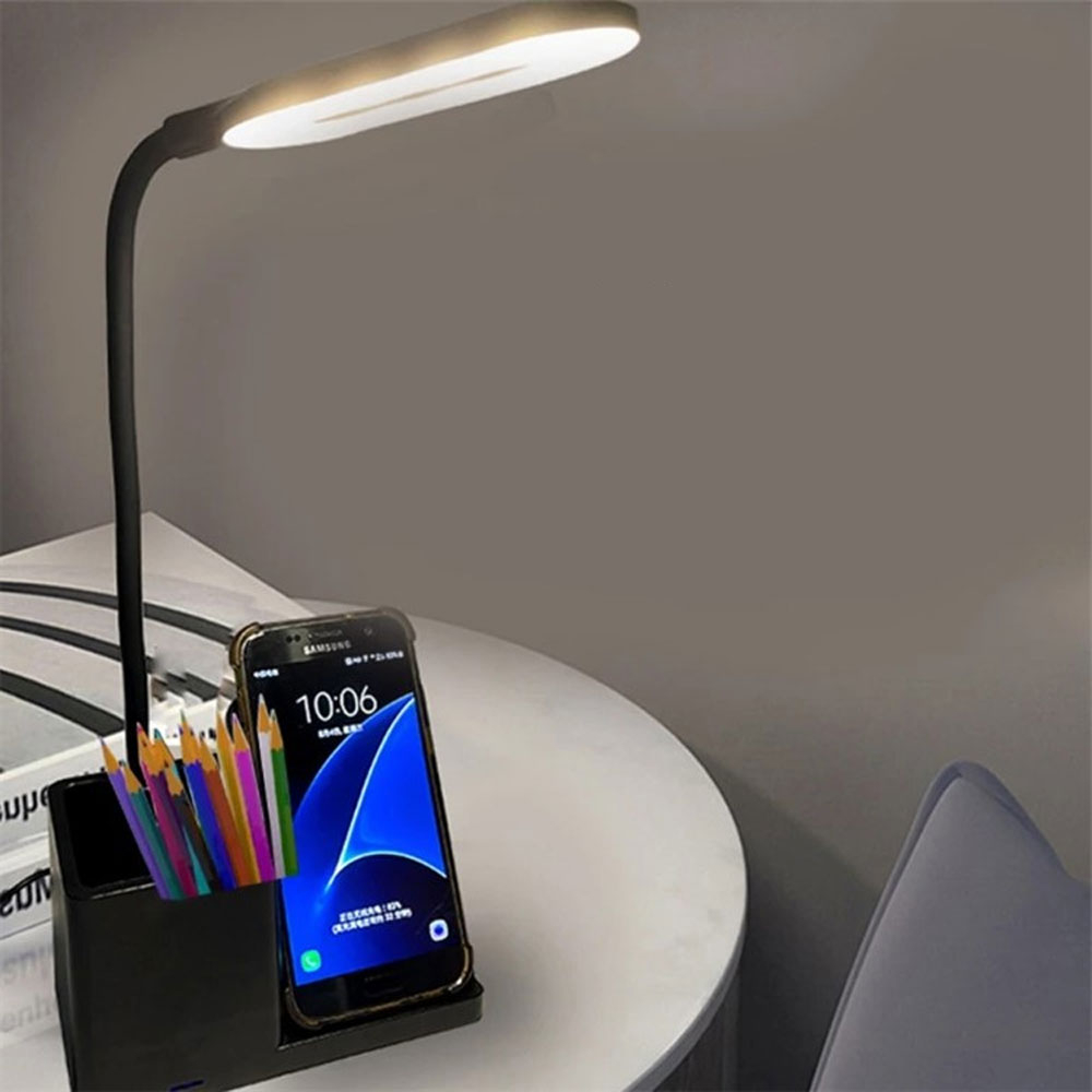 (15W) LED Schreibtisch Lampe Qi Wireless USB Charger Ladegerät Tischleuchte mit Schwanenhals inkl. Stifte Halter für Smartphones - Schwarz