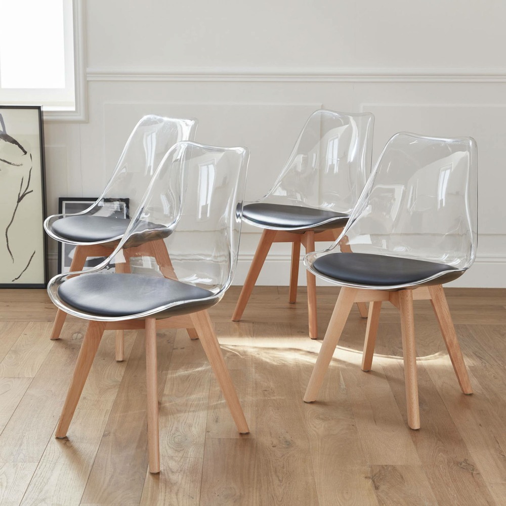 Lot de 4 chaises scandinaves - lagertha - pieds bois. Fauteuils 1 place. Coussin noir. Coque transparente