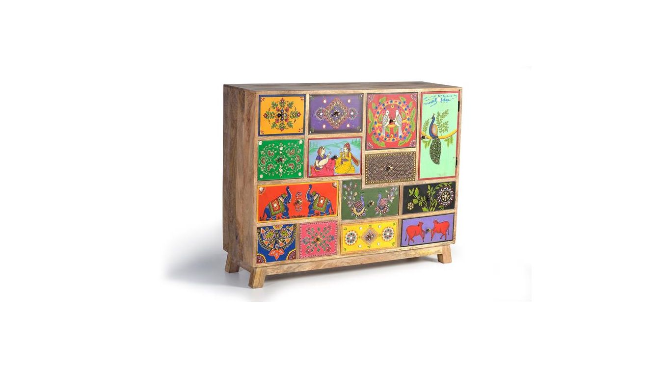 Commode 13 tiroirs bois multicolore 112x35x90cm