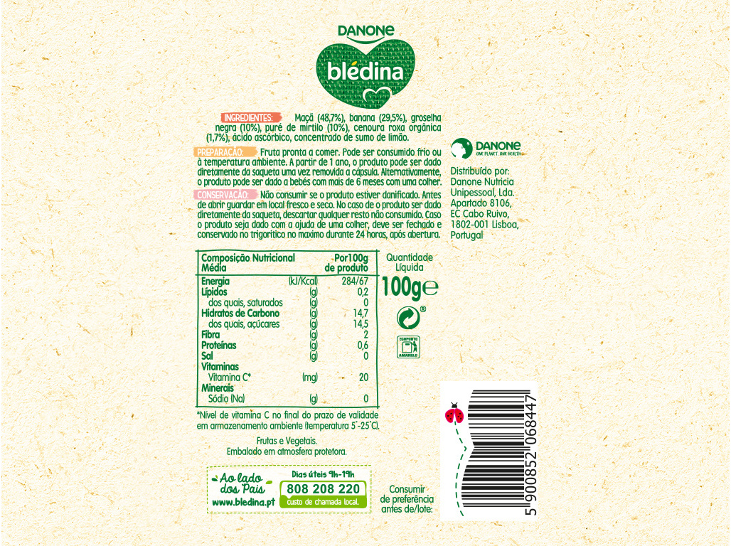 SAQUETA FRUTA BLÉDINA MAÇÃ BANANA GROSELHA 100 G