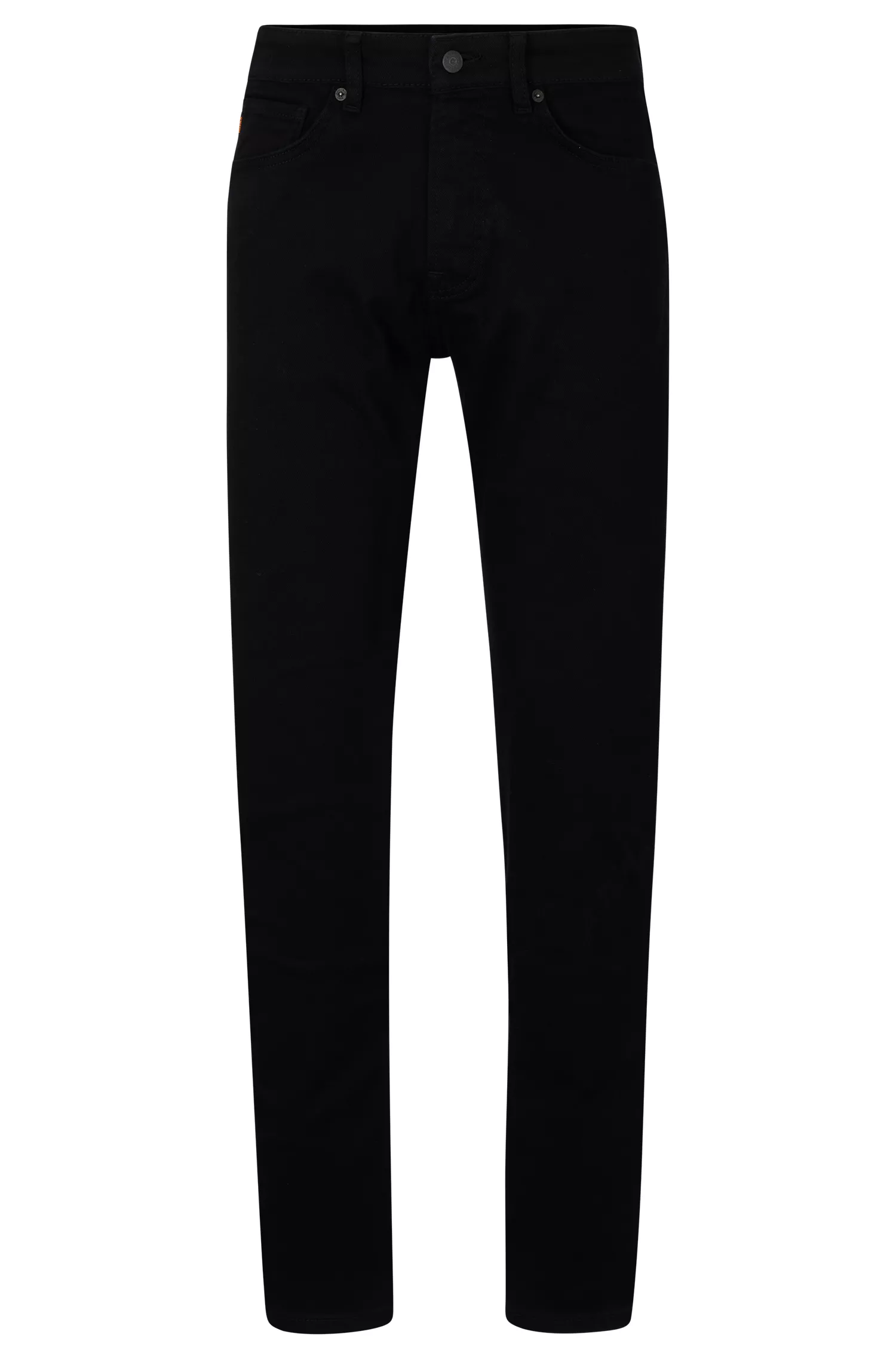 Calça jeans BOSS laranja, corte regular, em denim confortável com elasticidade que mantém a cor preta.
