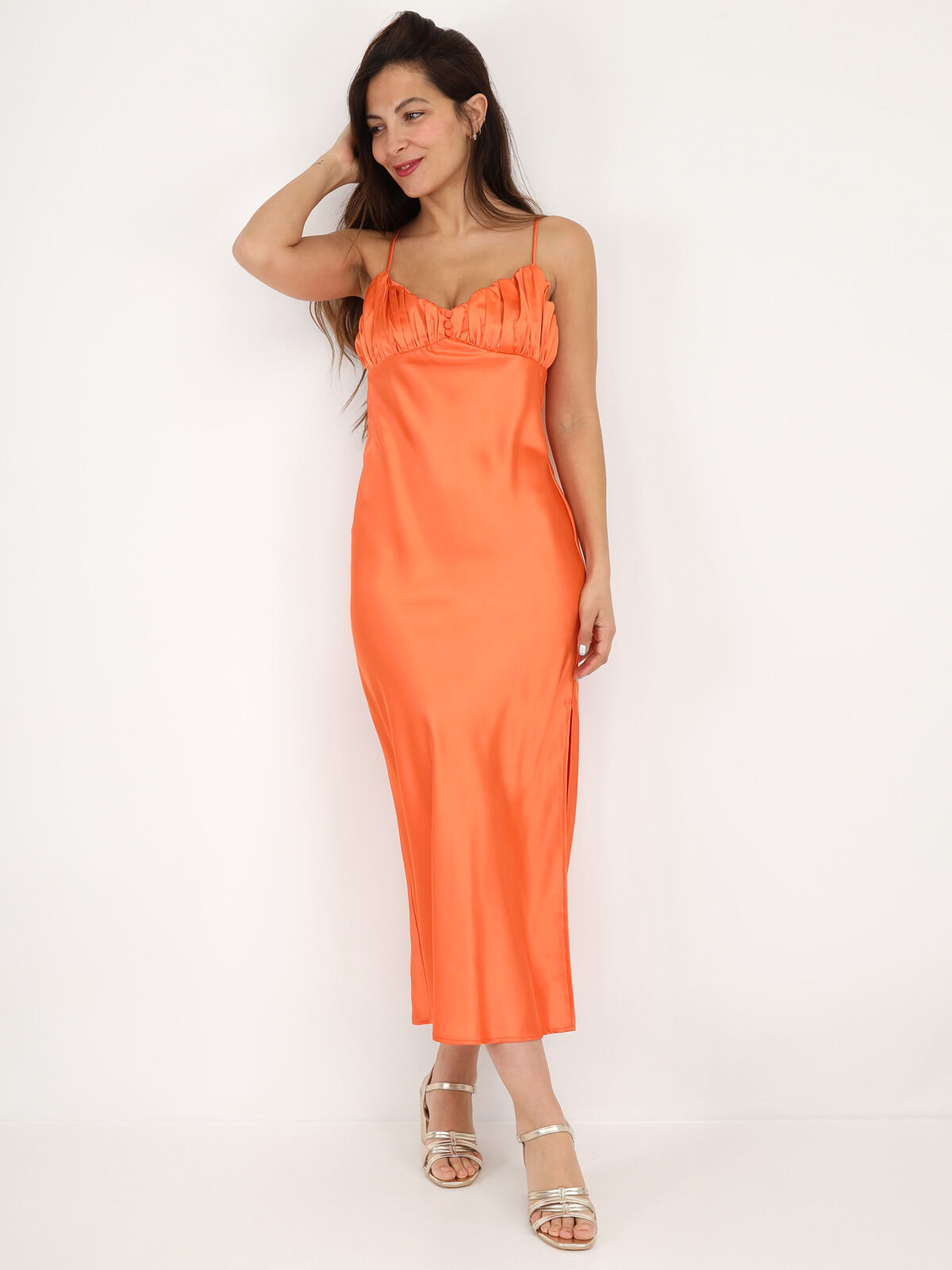 Robe satinée style corset froncé- orange