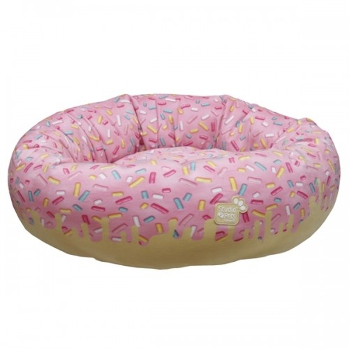 Cama rosa em formato de donut para animais de estimação