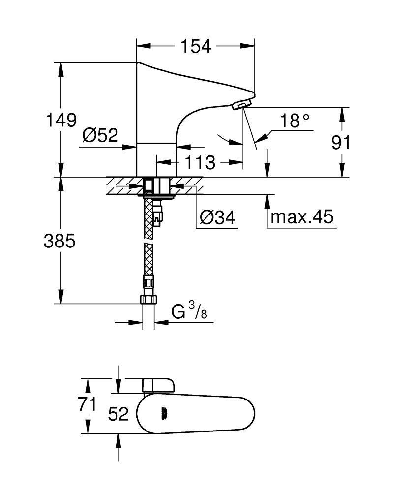 Grohe Europlus E 1-gats wastafelkraan met infraroodsensor 6V chroom
