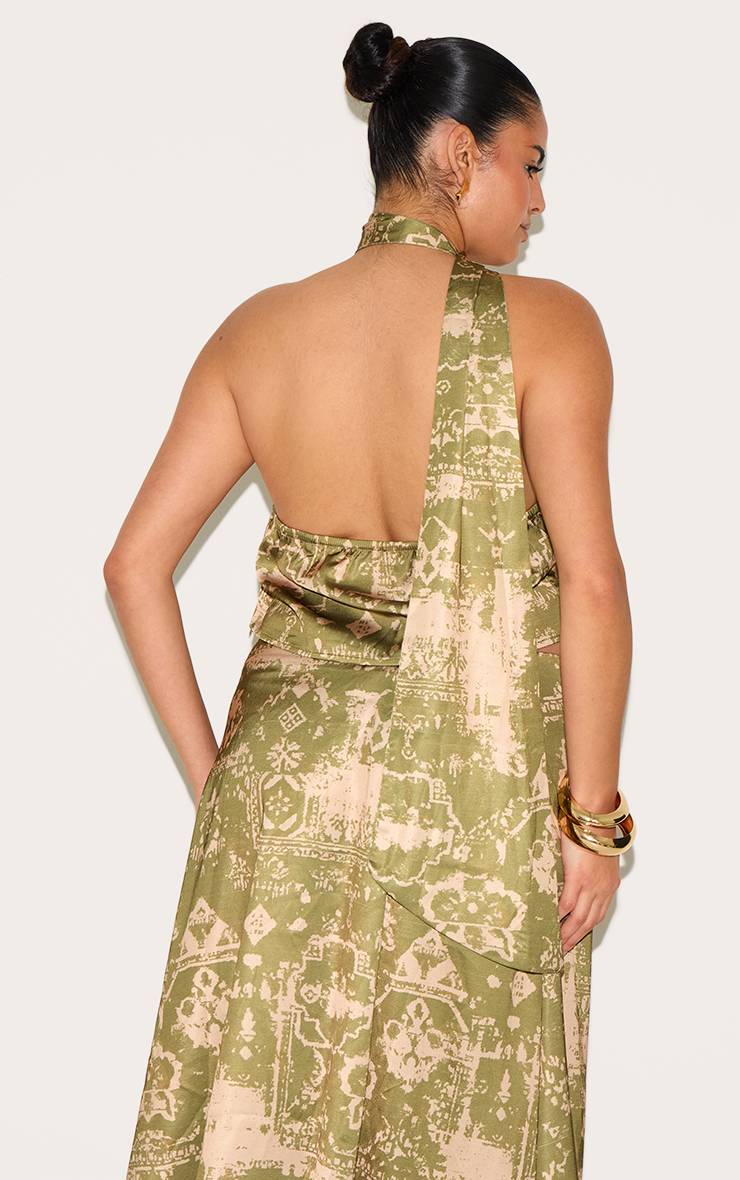Kaki Ensemble Crop Top Grande Taille À Détail Foulard Imprimé En Satin