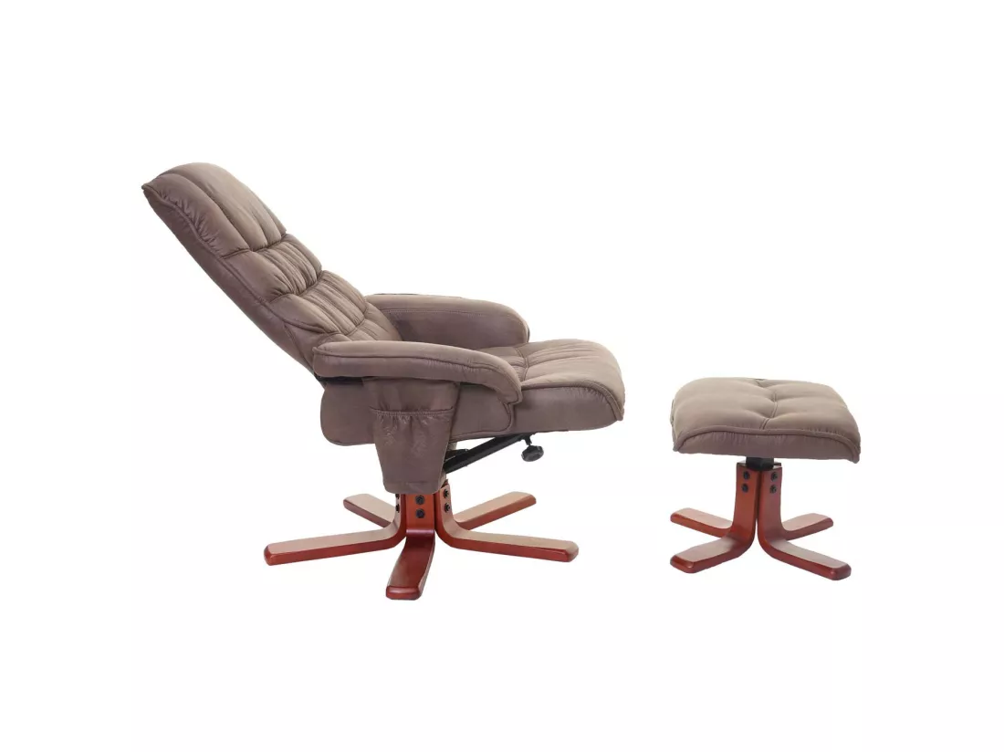 Fauteuil de relaxation MCW-E30 avec pouf, imitation de daim, marron