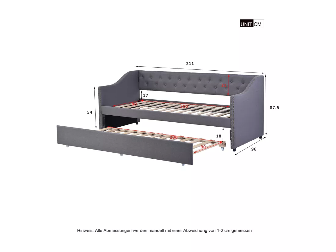 lit gigogne 90x200cm, canapé-lit, lit banquette 2 places, sommiers à lattes, canapé lit convertible style moderne - Gris
