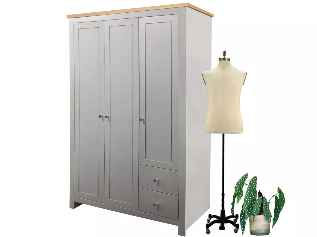 Armoire 2 tiroirs en MDF chêne et gris