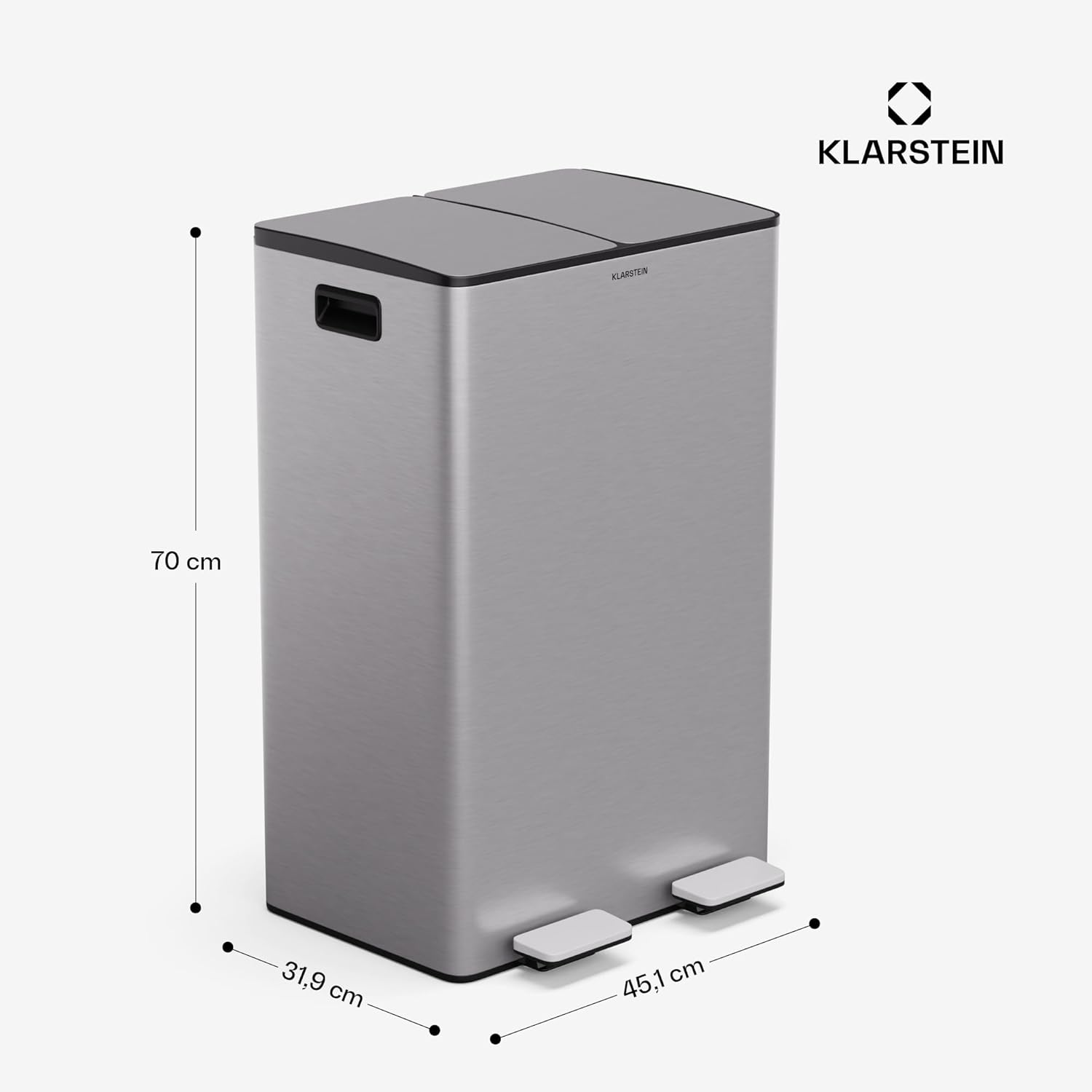 Klarstein EcoVista Mülleimer - 60L Abfalleimer mit 2 Fächern & 3L Kompostbehälter, Soft-Close, Edelstahl, Küchen-Abfalleimer, Mülltrennsystem