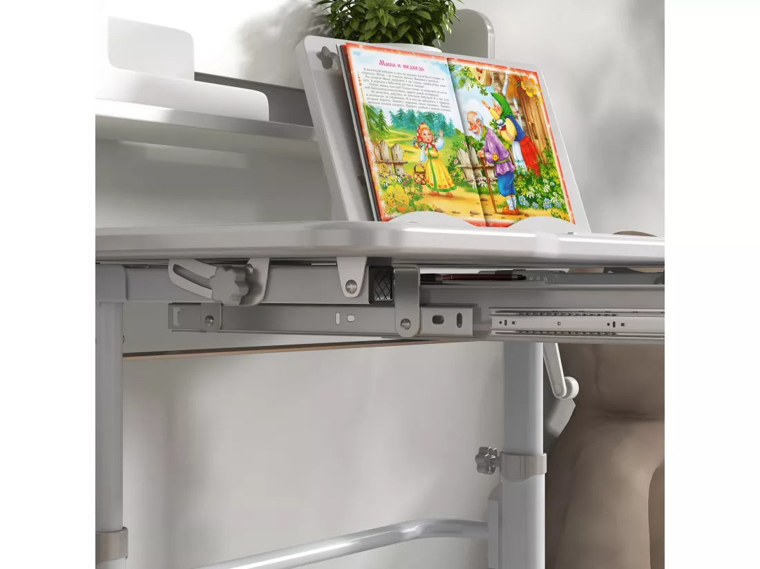 Bureau enfant avec chaise - ensemble bureau et chaise réglable - support lecture, tablette, étagère - gris blanc