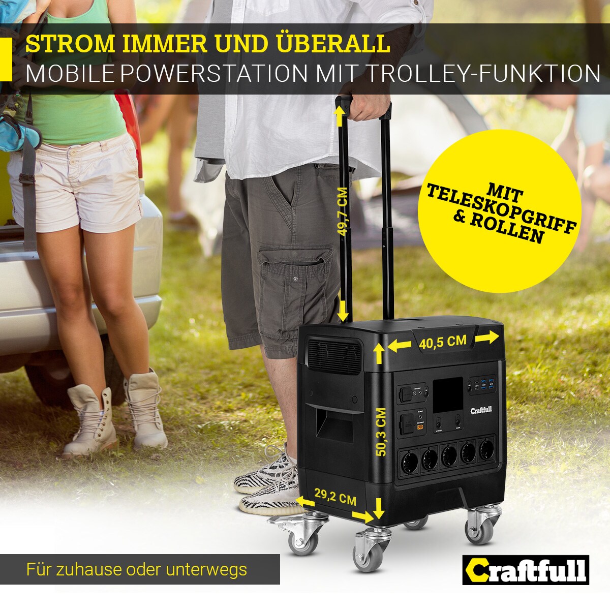 Craftfull Powerstation Fast Charge PS3600, 2.000 Watt, Trolley-Funktion, LiFePO4, USB, 12 V, 230 V (Classic)