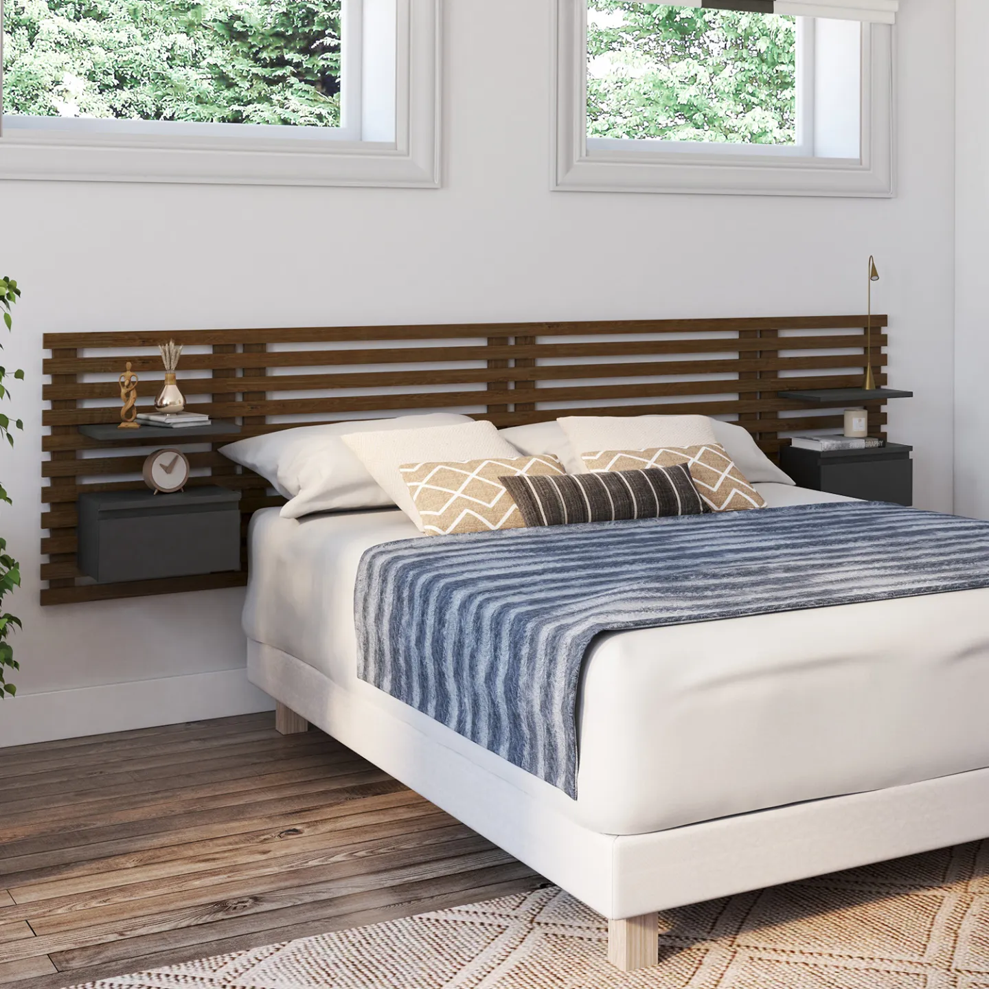 Tête de lit suspendue en lattes AVA 240 cm avec chevets + tiroir façon bois vieilli et noir