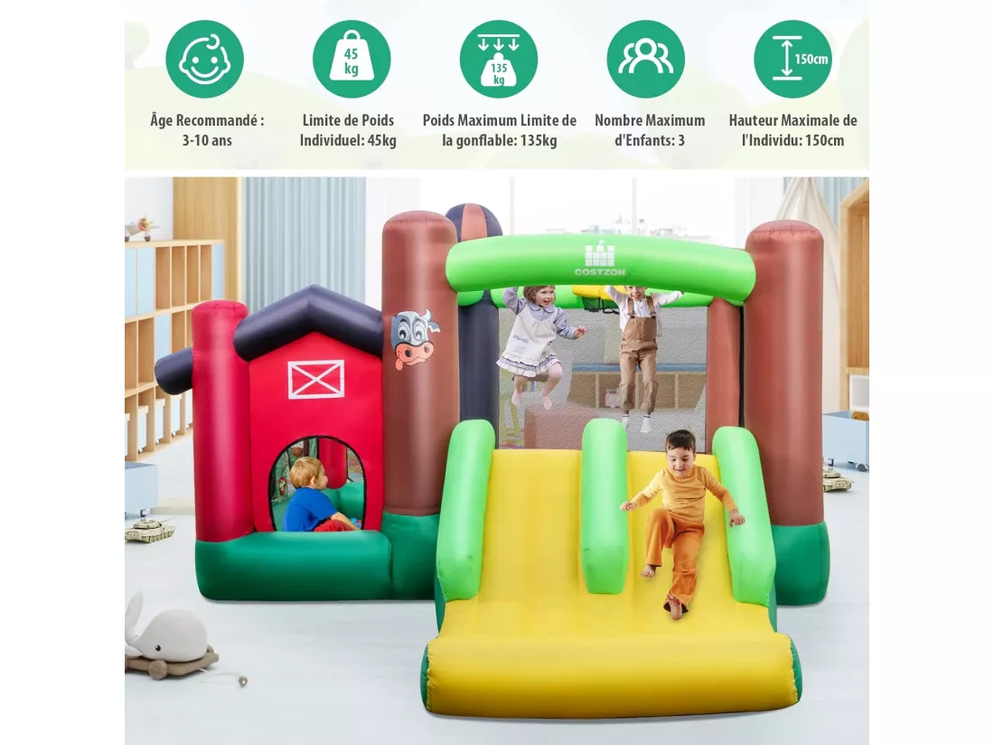 Château Gonflable 6-en-1 avec Toboggans Doubles, Maison Gonflable Intérieur Extérieur avec Trampoline, Sac de Transport, Panier de Basket, Thème Ferme, 356x330x220CM, 3-10 Ans (Avec souffleur)