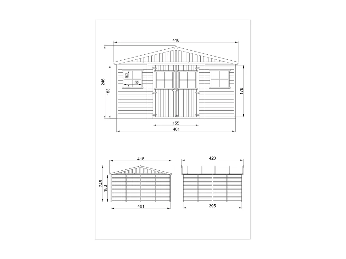 Abri de jardin en bois AVEC PLANCHER IMPRÉGNÉ - H246 x 418 x 420 cm/ 16 m² - M330+M330G