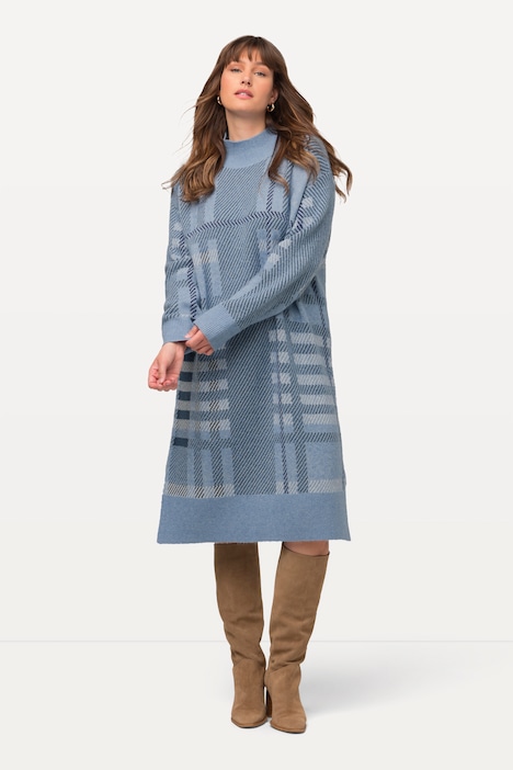 Strickkleid, Karo, Stehkragen, Langarm, Wollanteil