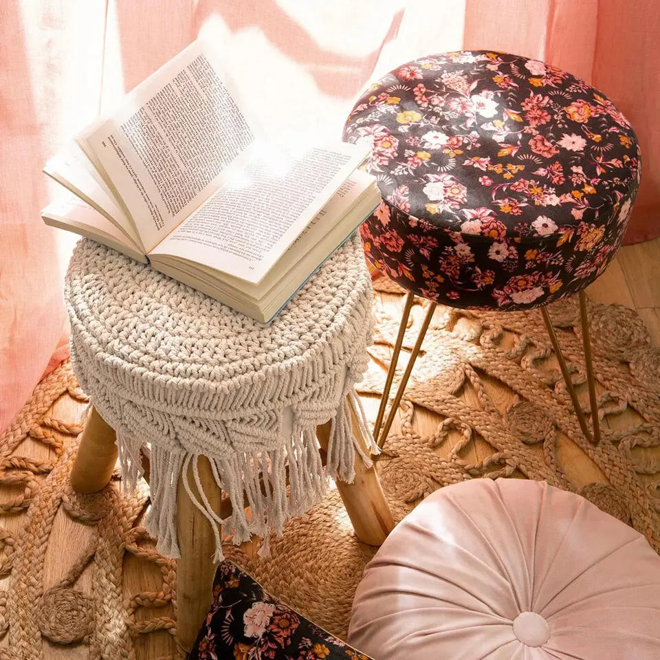 Atmosphera Bijzet krukje model Macrame - naturel - H42 cm