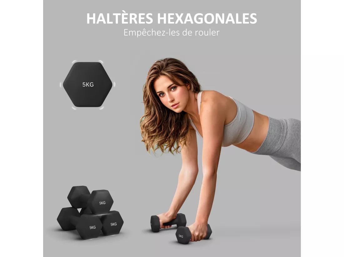 Lot de 2 haltères hexagonales 2 x 5 Kg - poignée antidérapante - métal PVC noir
