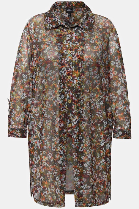 Mesh-Bluse, Millefleur, A-Linie, Hemdkragen, Langarm