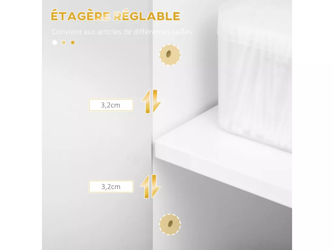 Meuble bas de salle de bain design - porte, étagère, tiroir, 2 niches, 1 tiroir - acier doré MDF blanc
