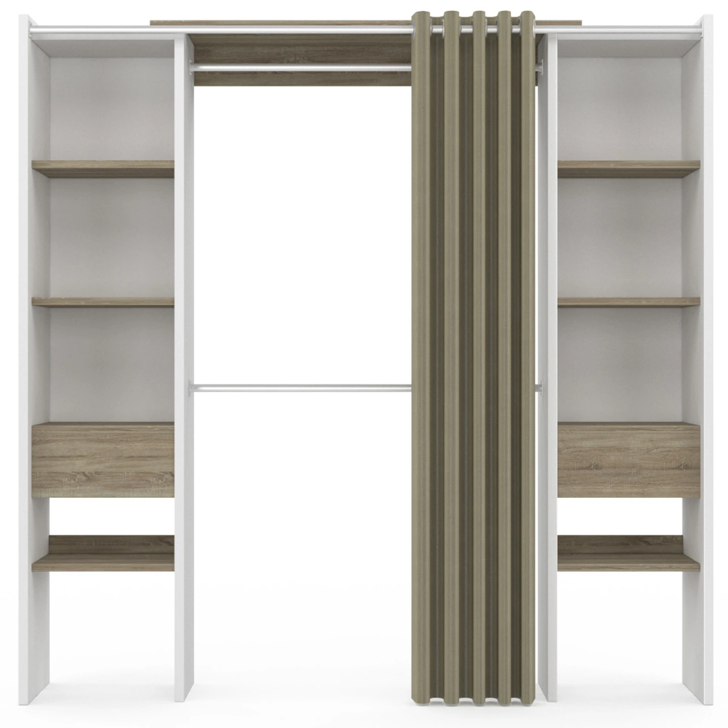 Dressing extensible double MERYL 120/180 x 50 x 180 cm blanc avec étagères hêtre + double penderie + rideau taupe