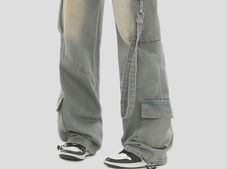 INStudio - Mid Rise Pocket Detail Washed Wide Leg Jeans