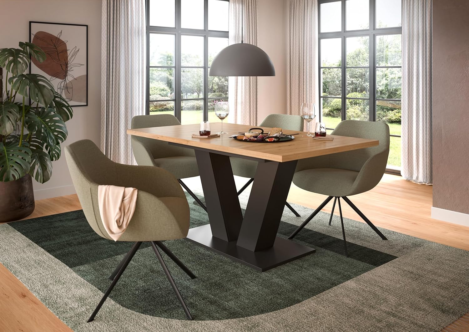 xonox.home - Esstisch Motion 150-190x76x90 cm in Artisan Eiche Nb mit V-Gestell in grau Nb - Esstisch Esszimmertisch Tisch Esszimmer - modern und funktional