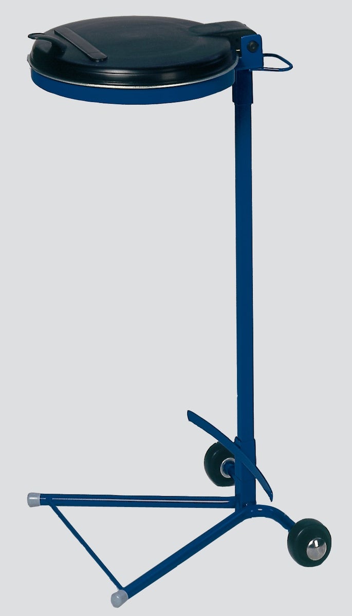 PROREGAL Robuuste enkele afvalbak met kunststof deksel, standaard, 2 wielen, 35 cm opening, HxBxD 98 x 45 x 37,5 cm, staal, blauw/zwart