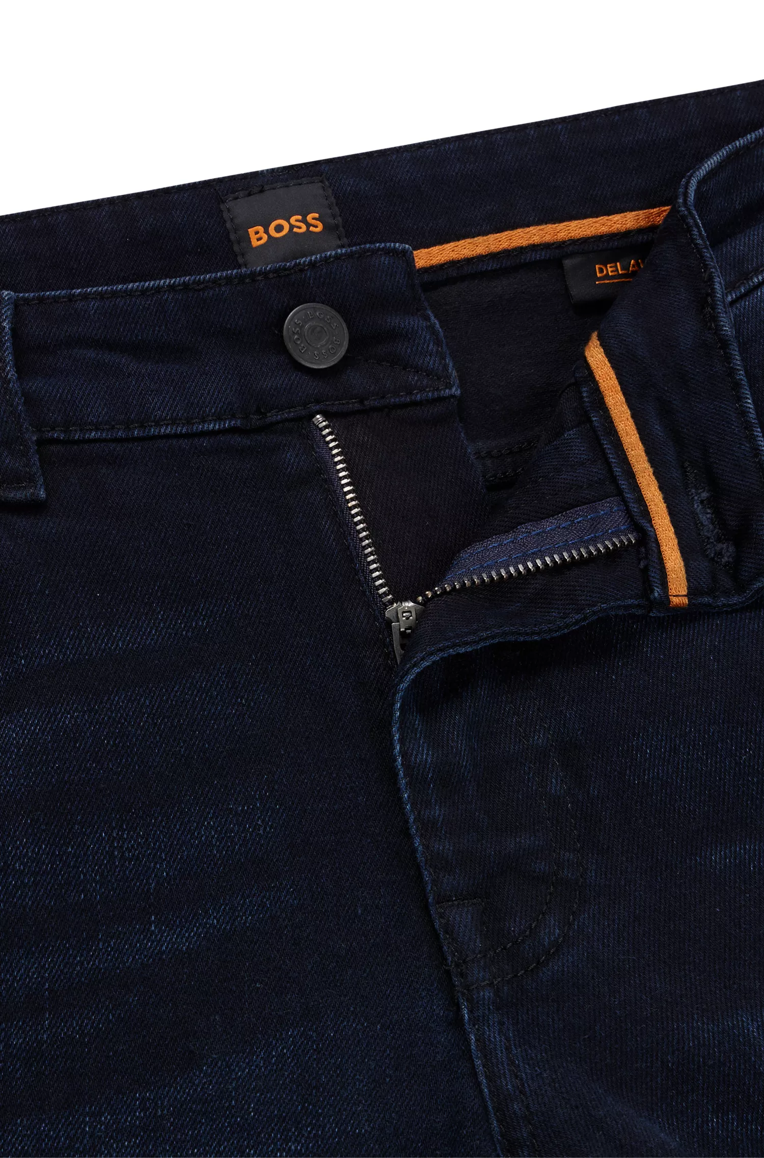 Calça jeans BOSS laranja, corte slim, em denim azul com elasticidade confortável.