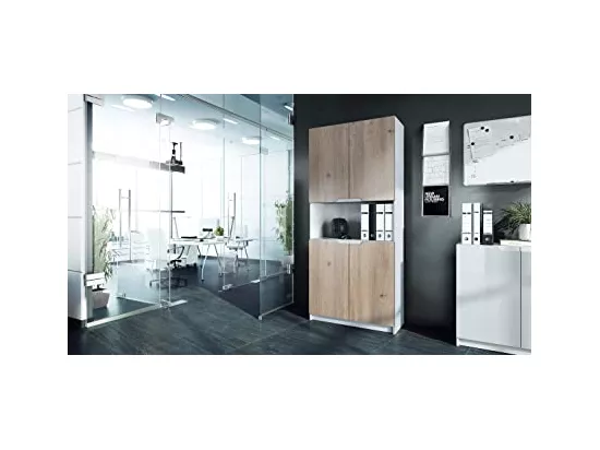 Armoire de rangement avec 5 compartiments et 4 portes, blanc mat/chêne nordique (82 x 184 x 37 cm)