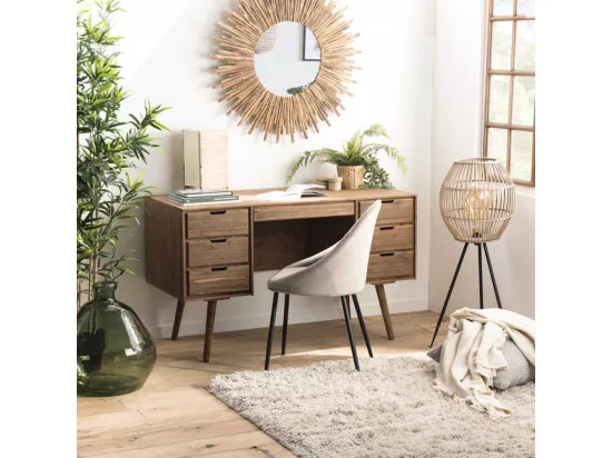 ANDREW - Bureau scandi bois marron 6 tiroirs Sapin