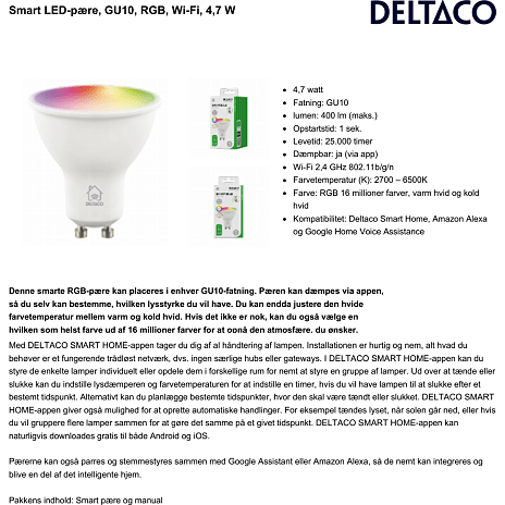 Deltaco LED pære 4,7W - smart lys
